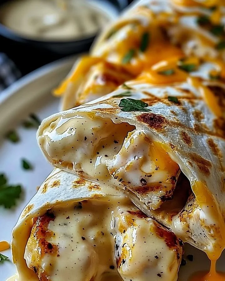 Delicious Cheesy Garlic Chicken Wraps on a plate with fresh ingredients.