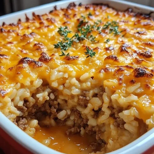 Cheesy ground beef rice casserole in a serving dish, delicious and comforting meal.