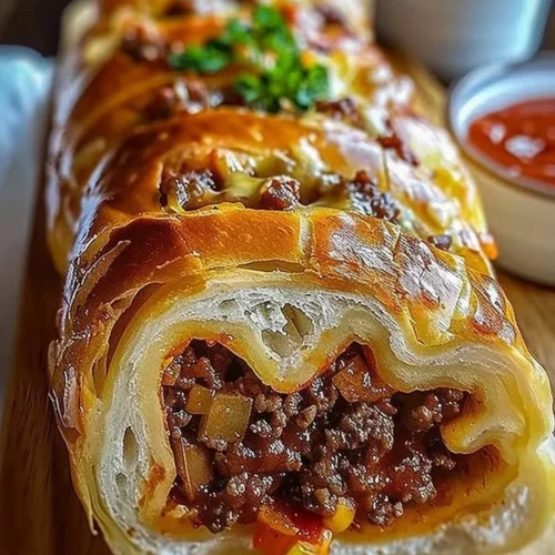 Cheesy ground beef stuffed bread roll on a wooden table