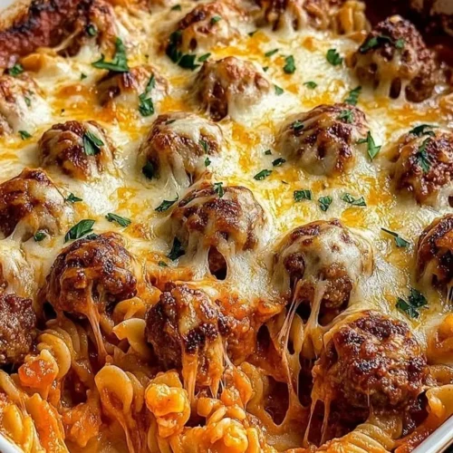 Cheesy Meatball Pasta Bake with melted cheese and savory meatballs in a pasta dish