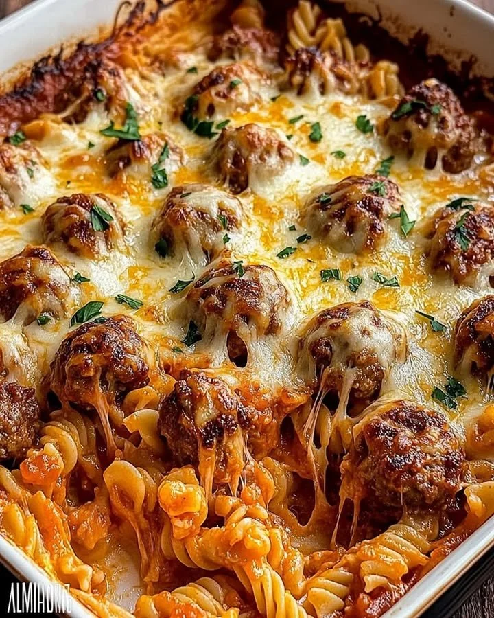 Cheesy Meatball Pasta Bake with melted cheese and savory meatballs in a pasta dish