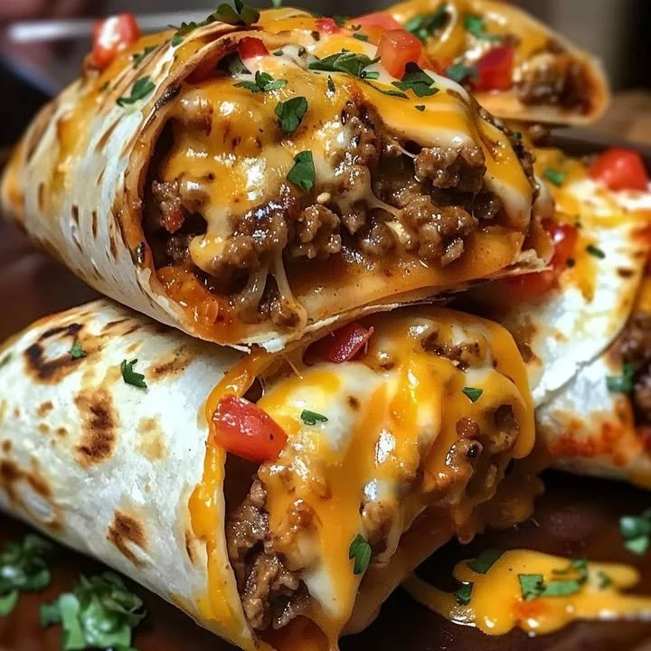 Cheesy Nacho Beef Burritos with delicious beef and melted cheese