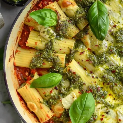 Delicious cheesy pesto manicotti dish served in a white bowl.