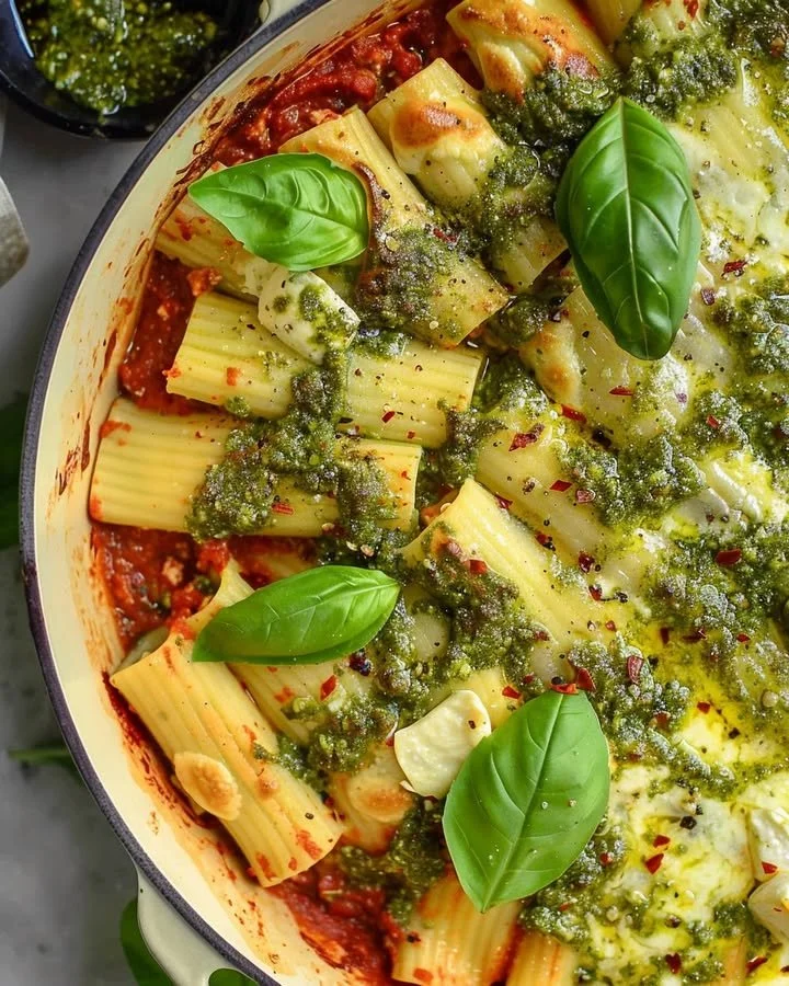Delicious cheesy pesto manicotti dish served in a white bowl.