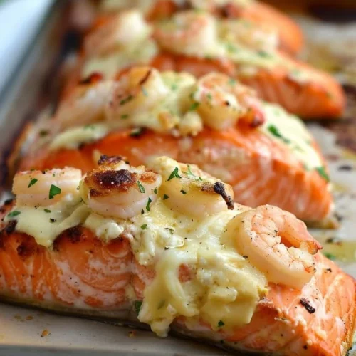 Cheesy shrimp stuffed salmon on a plate garnished with herbs.