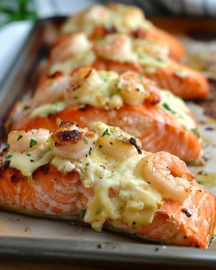 Cheesy shrimp stuffed salmon on a plate garnished with herbs.