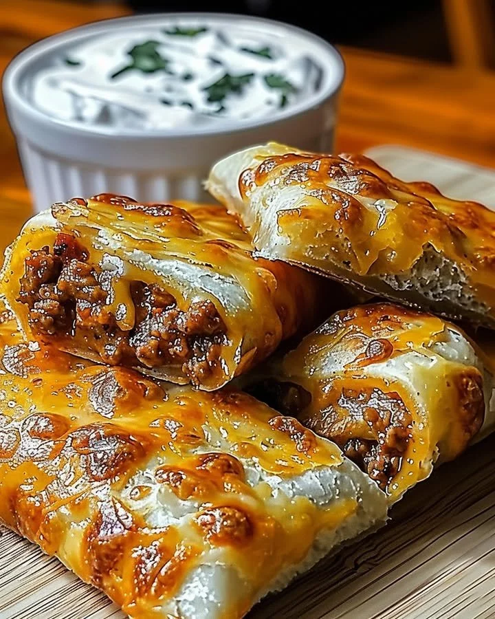 Cheesy taco sticks served with a dipping sauce on a plate