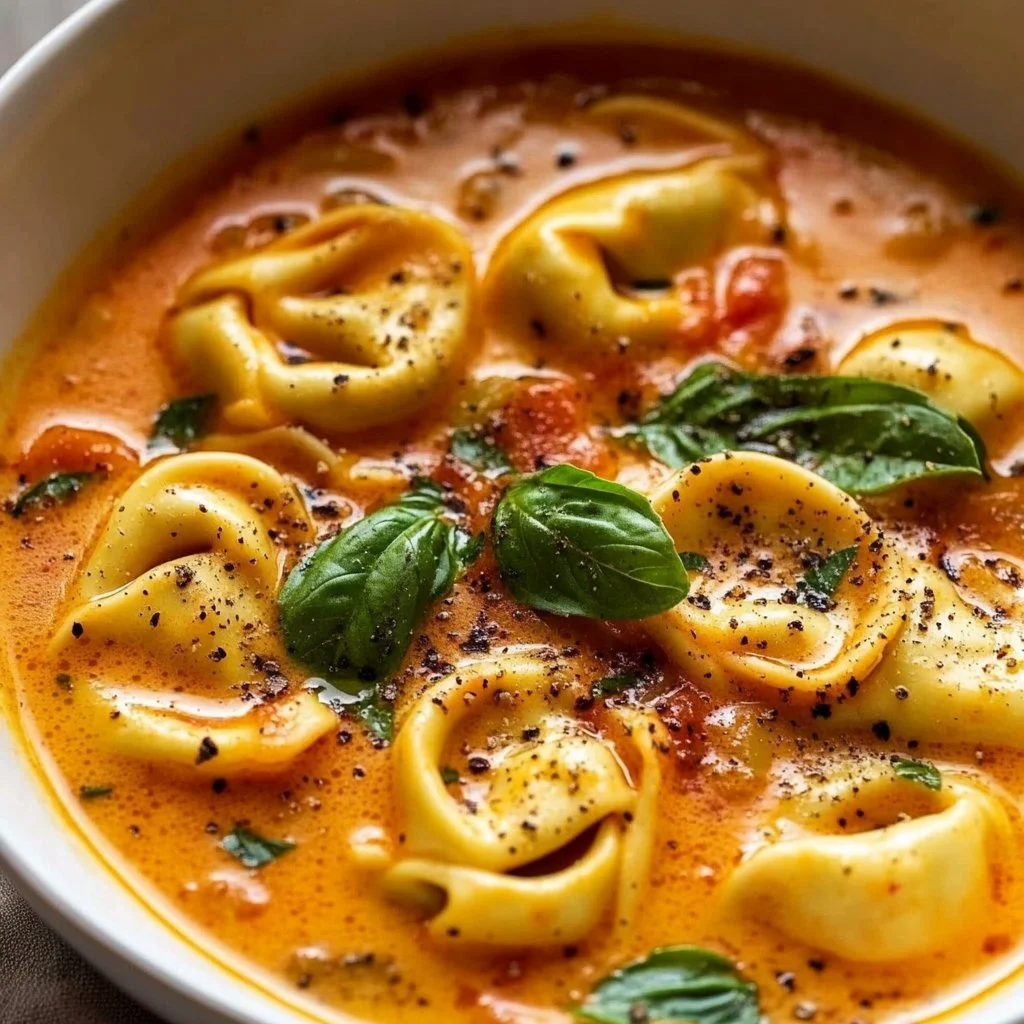 Bowl of cheesy tomato tortellini soup garnished with fresh basil
