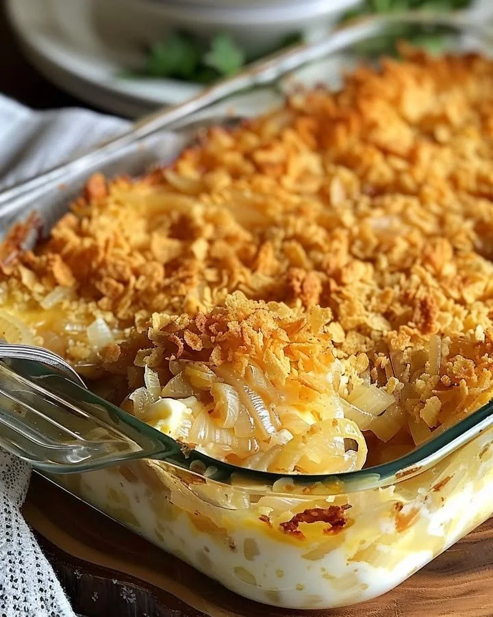 Cheesy Vidalia onion casserole dish topped with melted cheese and herbs