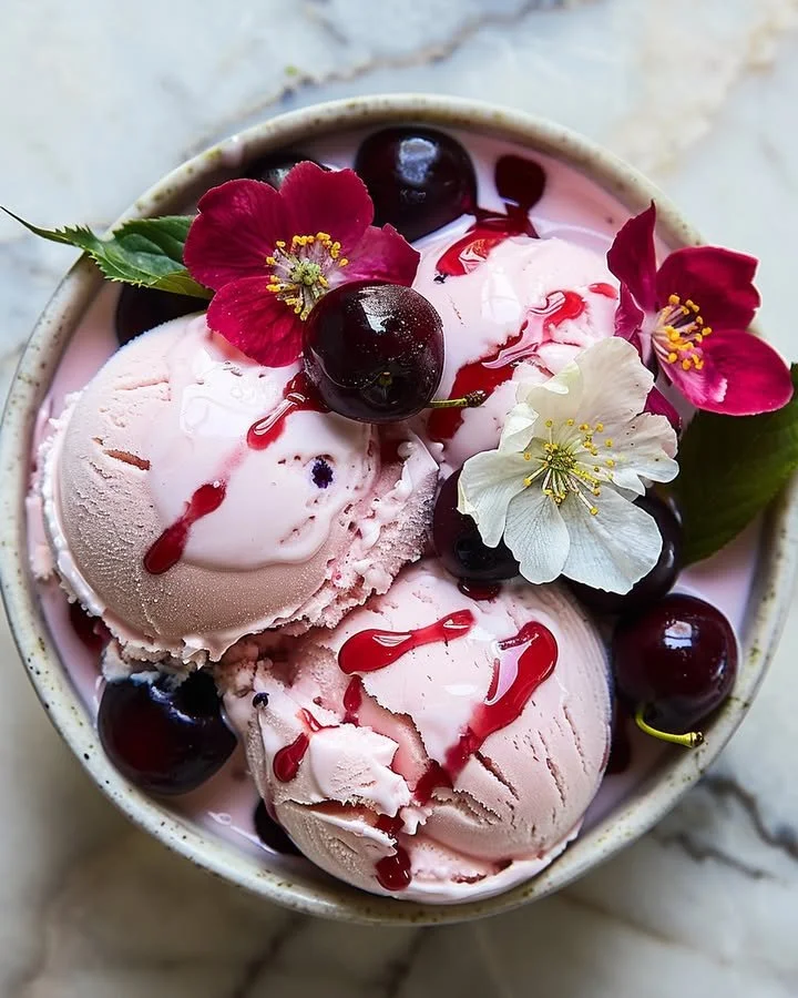 A scoop of cherry blossom ice cream in a bowl, featuring pink, floral design