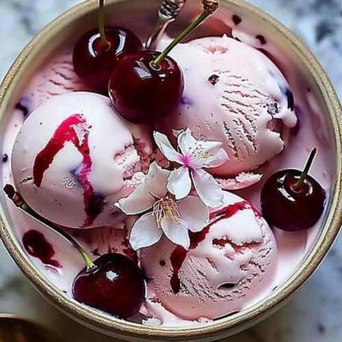 Cherry Blossom Ice Cream served in a decorative bowl garnished with cherry petals