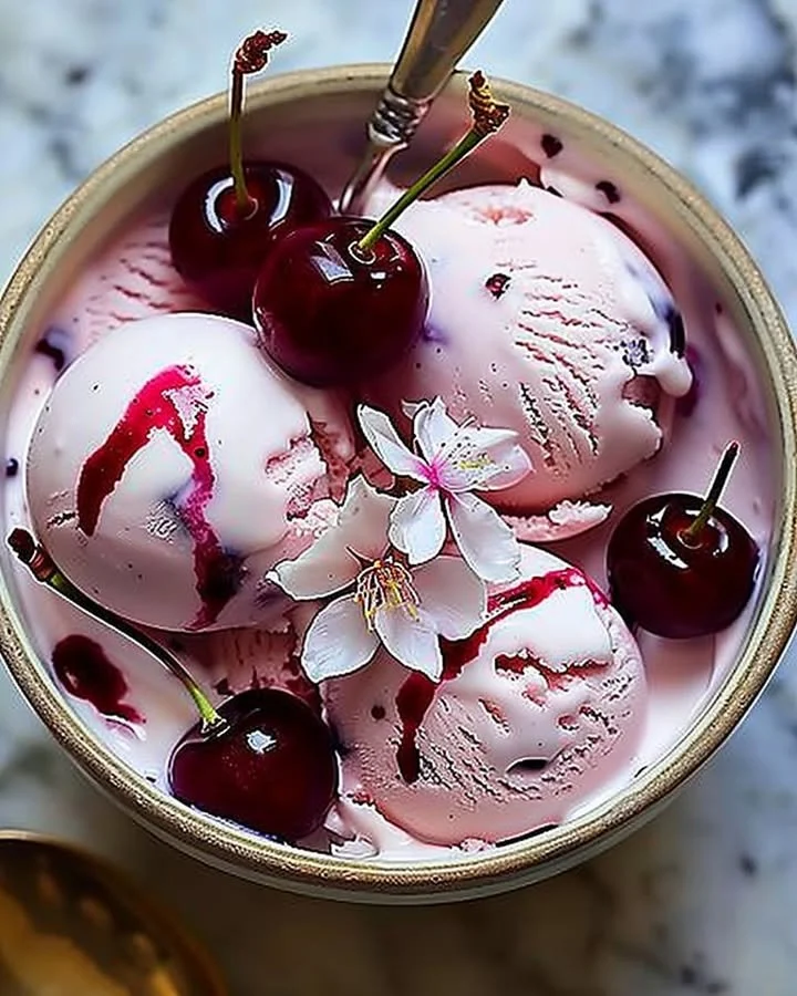 Cherry Blossom Ice Cream served in a decorative bowl garnished with cherry petals