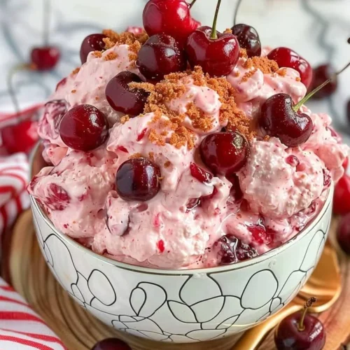 Delicious Cherry Cheesecake Cloud Dessert topped with cherries