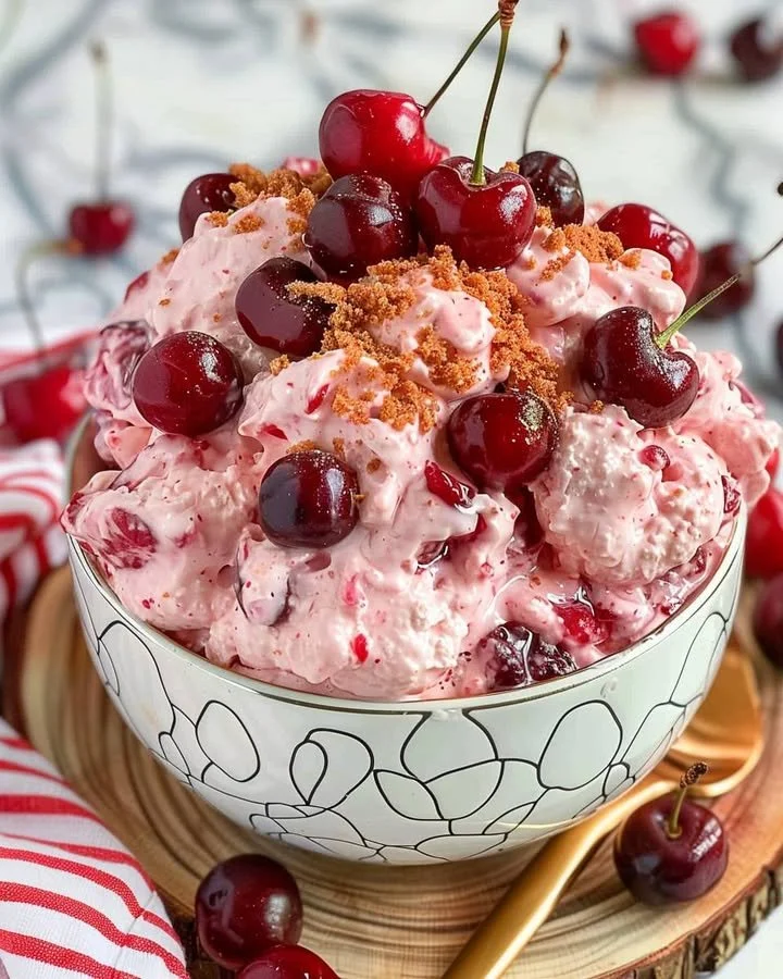 Delicious Cherry Cheesecake Cloud Dessert topped with cherries