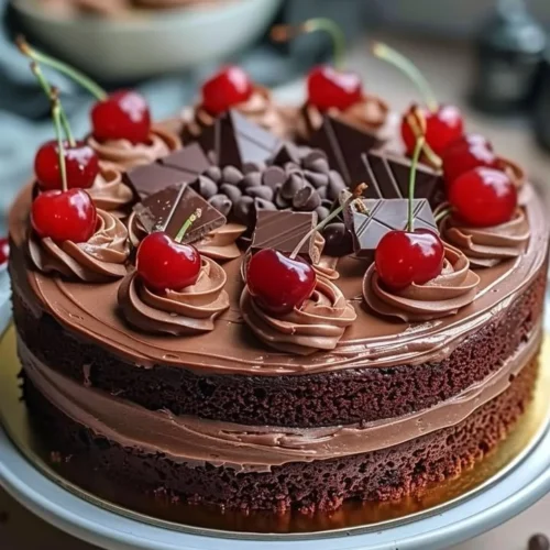 Sliced Cherry-Chocolate Delight Cake with cherry topping and chocolate icing