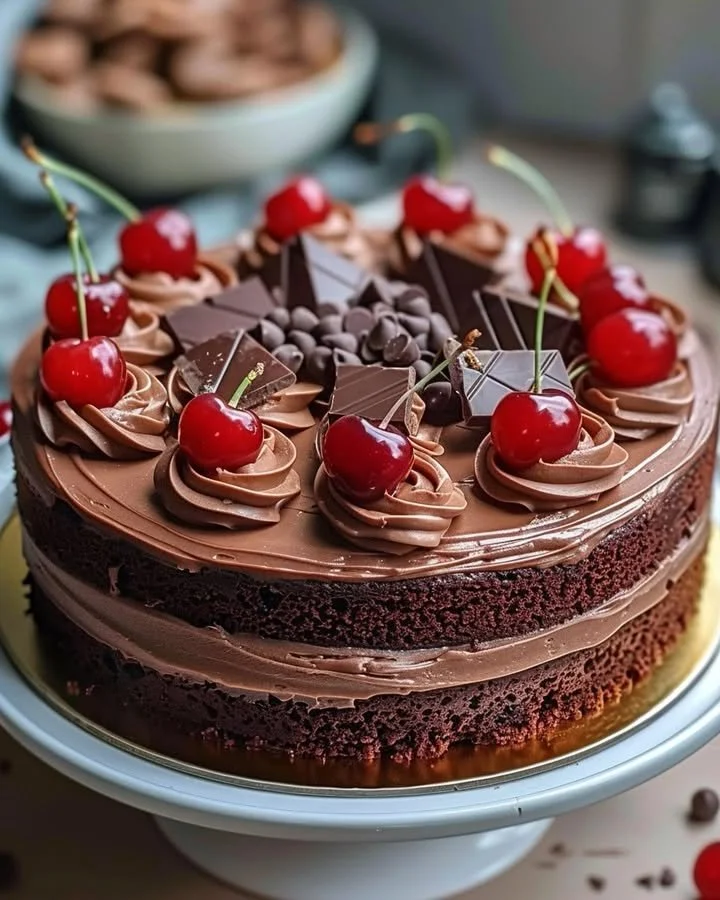 Sliced Cherry-Chocolate Delight Cake with cherry topping and chocolate icing