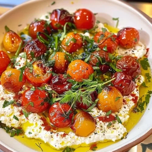 Delicious cherry tomato confit served with creamy whipped feta on a plate.