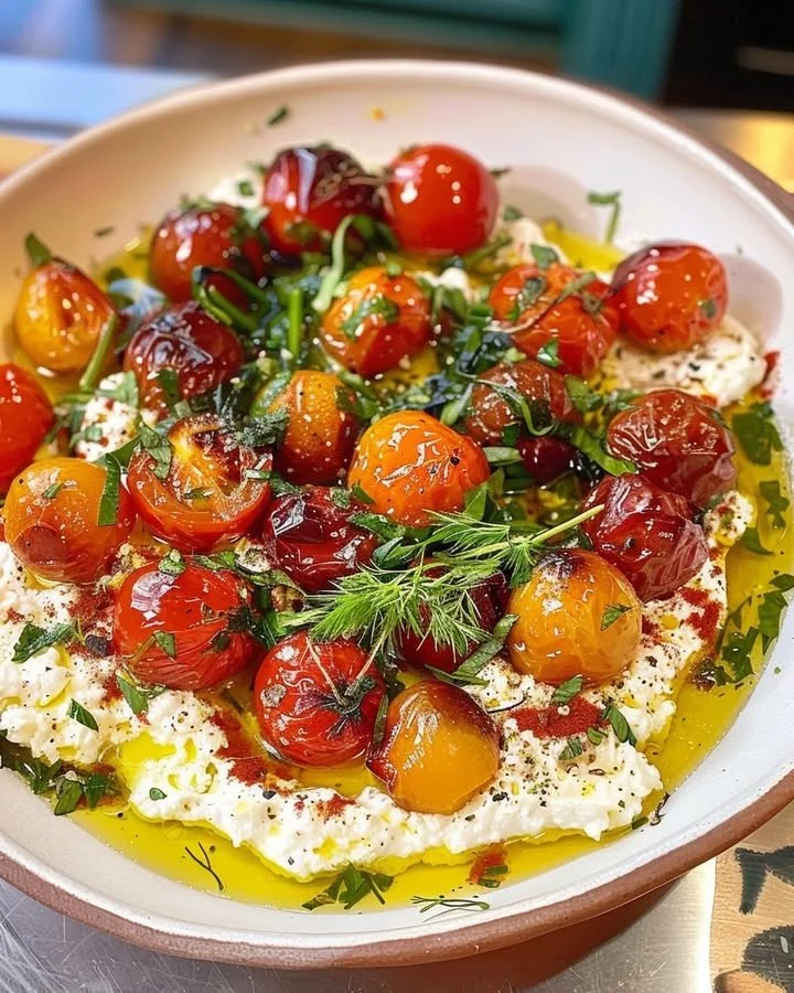 Delicious cherry tomato confit served with creamy whipped feta on a plate.