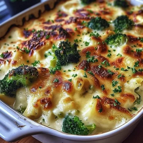 Creamy Chicken and Broccoli Baked Alfredo dish served in a bowl