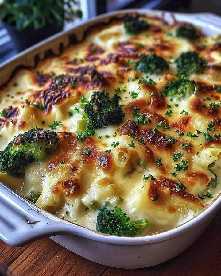 Creamy Chicken and Broccoli Baked Alfredo dish served in a bowl