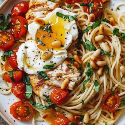 Delicious chicken and roasted tomato pasta served in a bowl