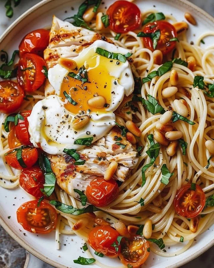 Delicious chicken and roasted tomato pasta served in a bowl