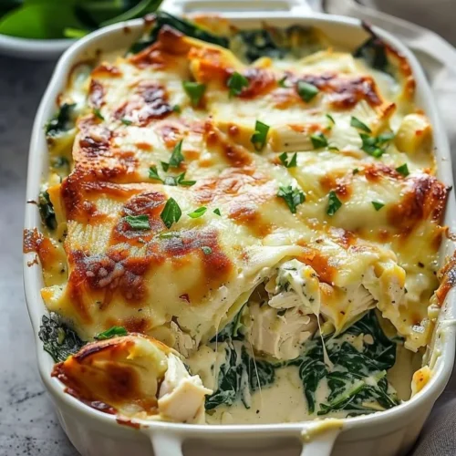 Delicious chicken casserole with spinach and cream cheese topped with breadcrumbs