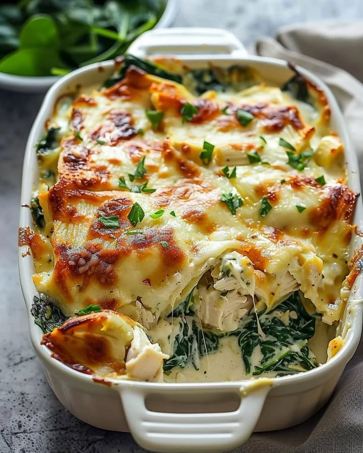 Delicious chicken casserole with spinach and cream cheese topped with breadcrumbs