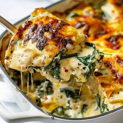 Delicious chicken and spinach casserole topped with cream cheese
