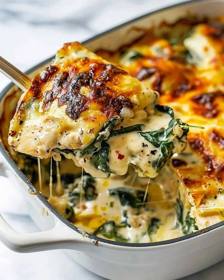 Delicious chicken and spinach casserole topped with cream cheese
