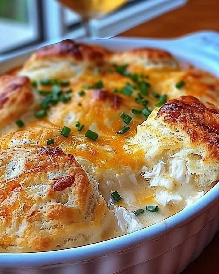 Delicious Chicken Biscuit Casserole served in a creamy sauce with flaky biscuits.