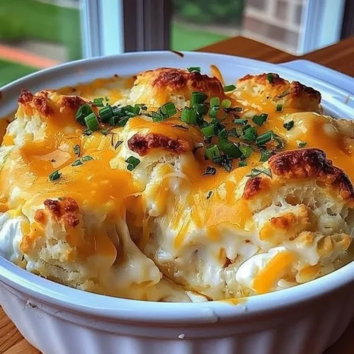 Delicious Chicken Biscuit Casserole served in a baking dish