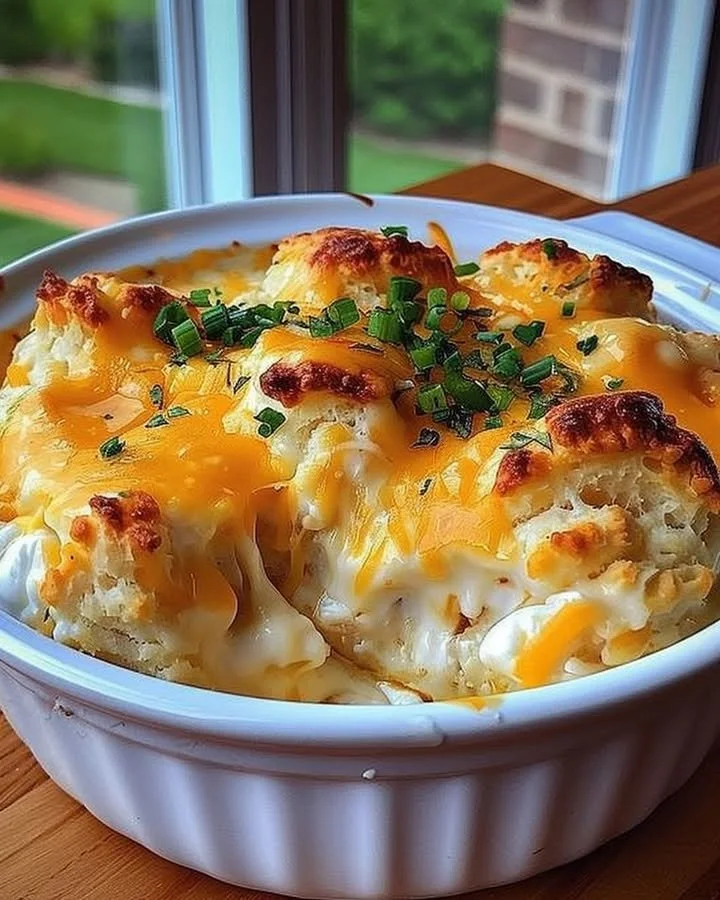 Delicious Chicken Biscuit Casserole served in a baking dish