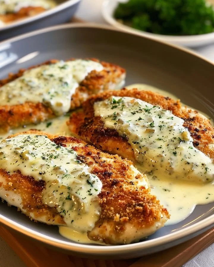 Tender chicken in a creamy basil sauce, perfect for dinner.
