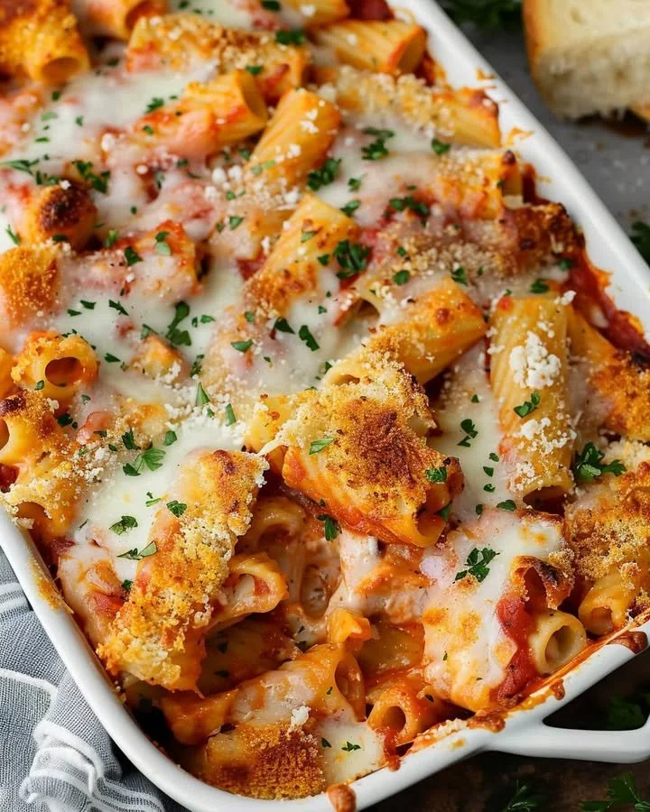 Chicken Parmesan Rigatoni Bake topped with melted cheese and fresh herbs.
