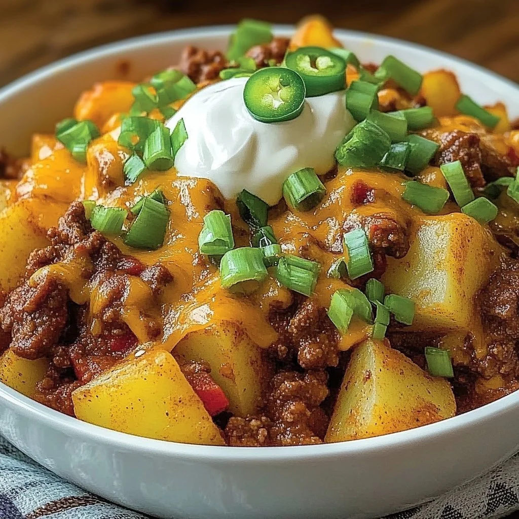 Chili Cheese Potato Skillet topped with melted cheese and fresh herbs