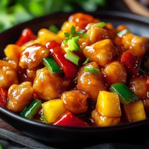 Delicious Chinese Sweet and Sour Chicken served on a plate with colorful vegetables.