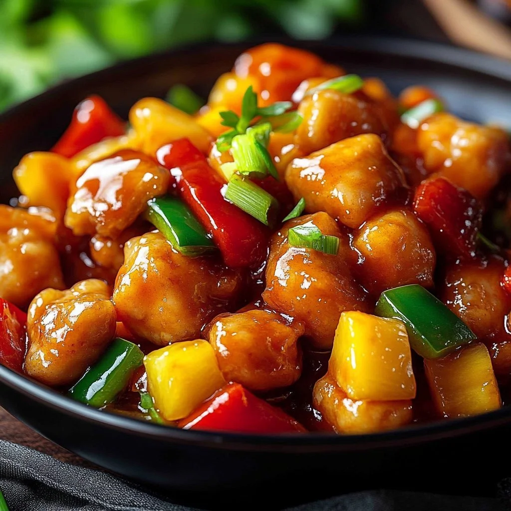 Delicious Chinese Sweet and Sour Chicken served on a plate with colorful vegetables.
