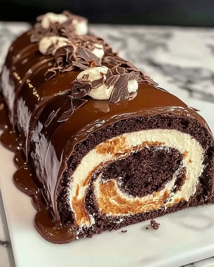 Delicious homemade Chocolate Cake Roll with creamy filling and chocolate frosting