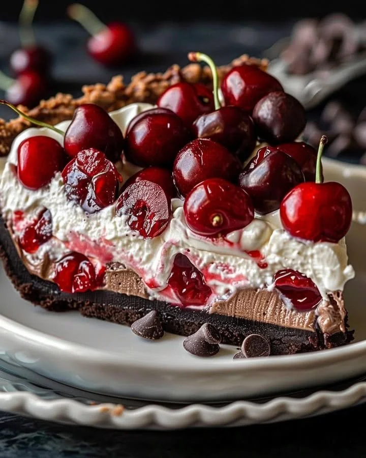 Chocolate Cherry Cream Pie topped with whipped cream and cherry garnish