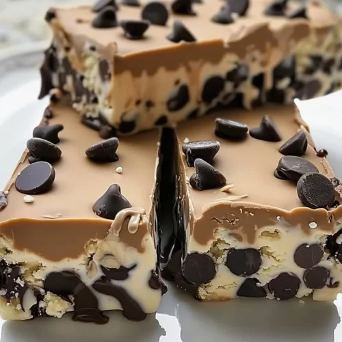 Delicious chocolate chip cookie dough ice cream bars served on a wooden table