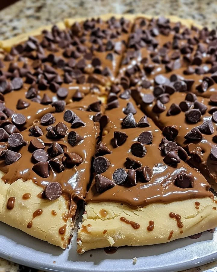 Chocolate Chip Cookie Dough Pizza slice topped with chocolate chips and dough