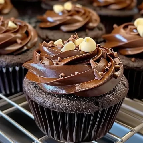 Delicious chocolate fudge cupcakes displayed on a wooden table