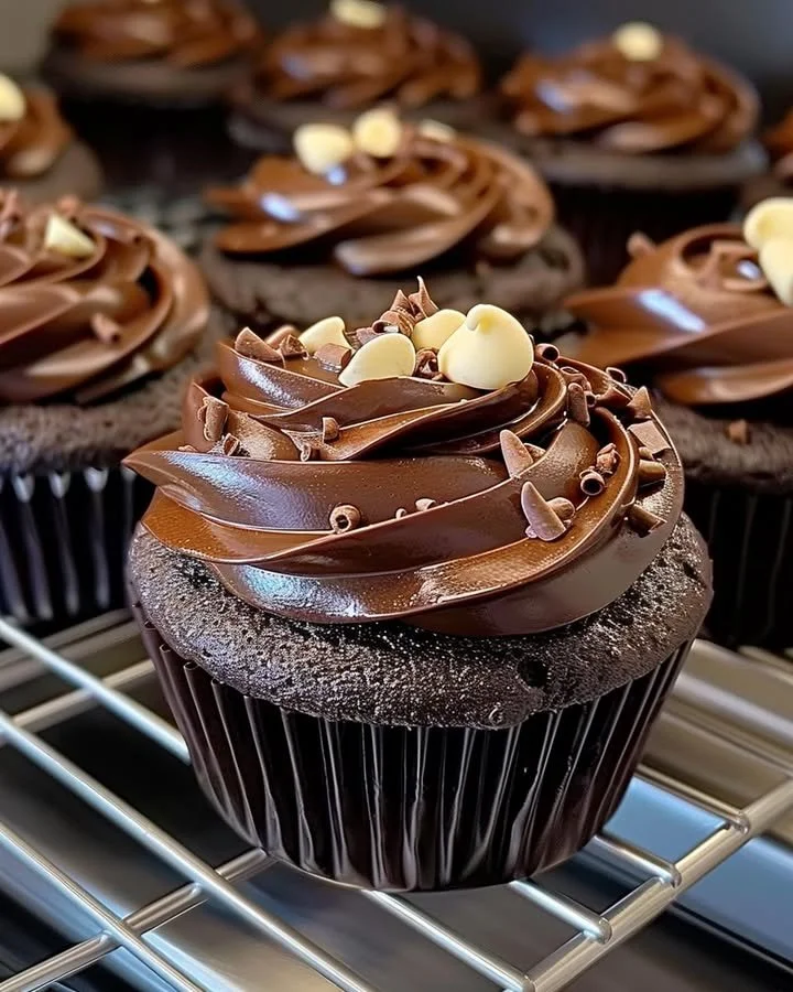 Delicious chocolate fudge cupcakes displayed on a wooden table