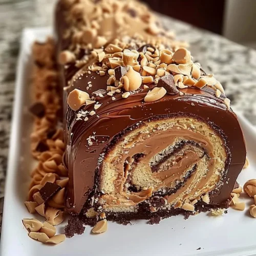 Delicious Chocolate Peanut Butter Cake Roulade with rich chocolate frosting