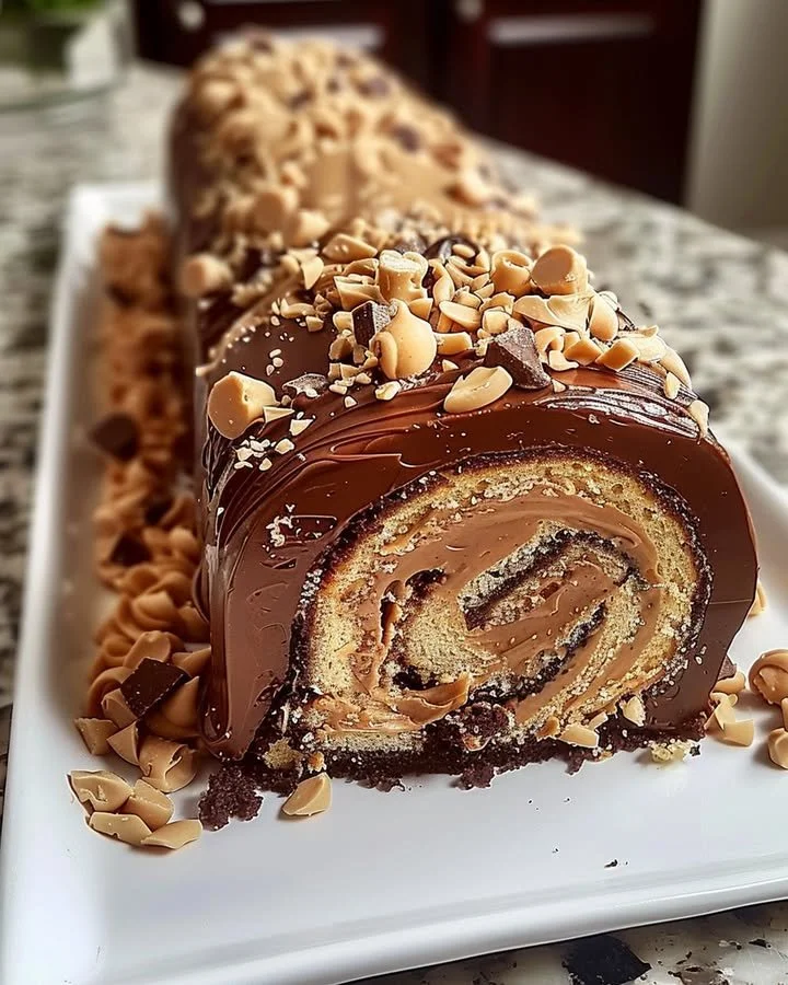 Delicious Chocolate Peanut Butter Cake Roulade with rich chocolate frosting