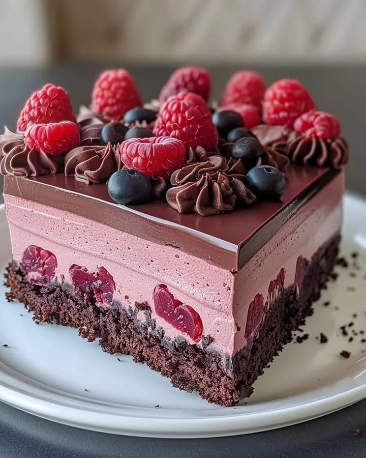 Decadent Chocolate Raspberry Mousse Cake topped with fresh raspberries.