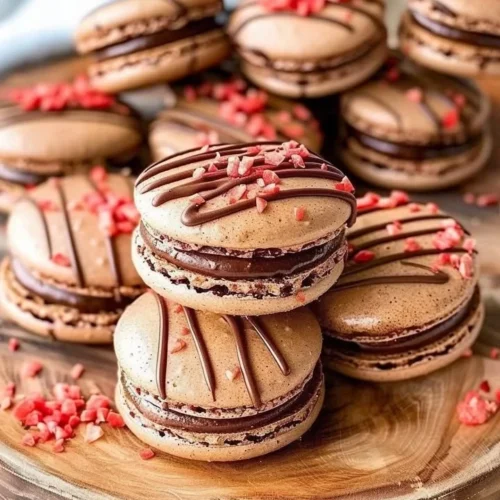 Chocolate Strawberry Macarons with rich chocolate cream and strawberry filling