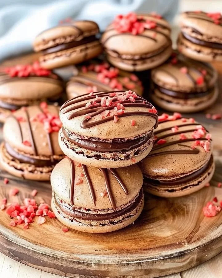 Chocolate Strawberry Macarons with rich chocolate cream and strawberry filling