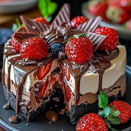 Delicious Chocolate Strawberry Swirl Cheesecake with rich chocolate and fresh strawberries.